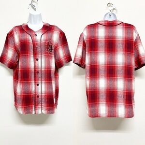The Hundreds Mens Red Plaid Button Front Short Sleeve Baseball Jersey Size M